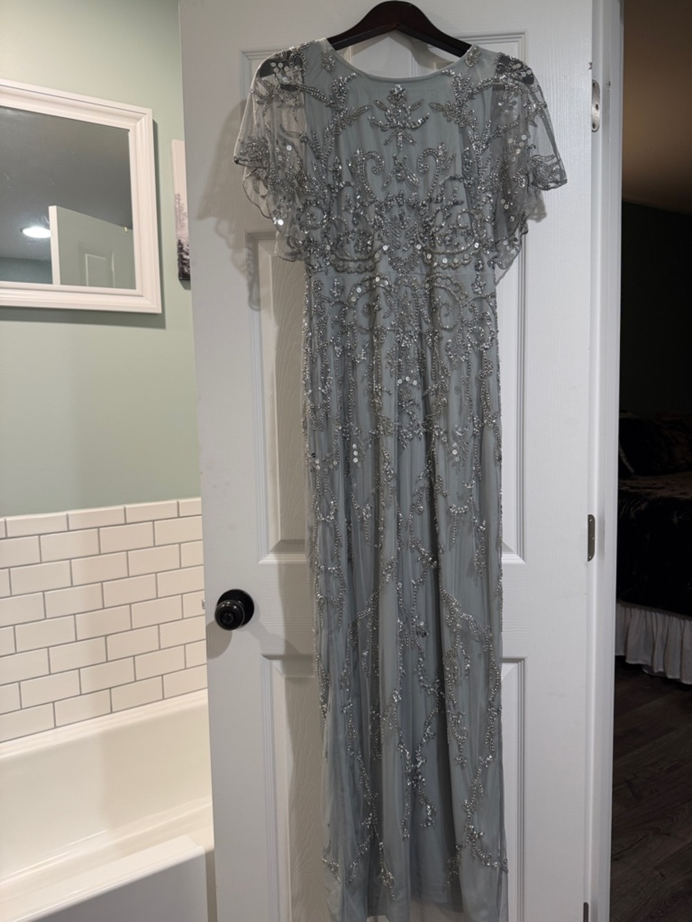 Adrianna Papell Silver Beaded Tulle Evening Gown
